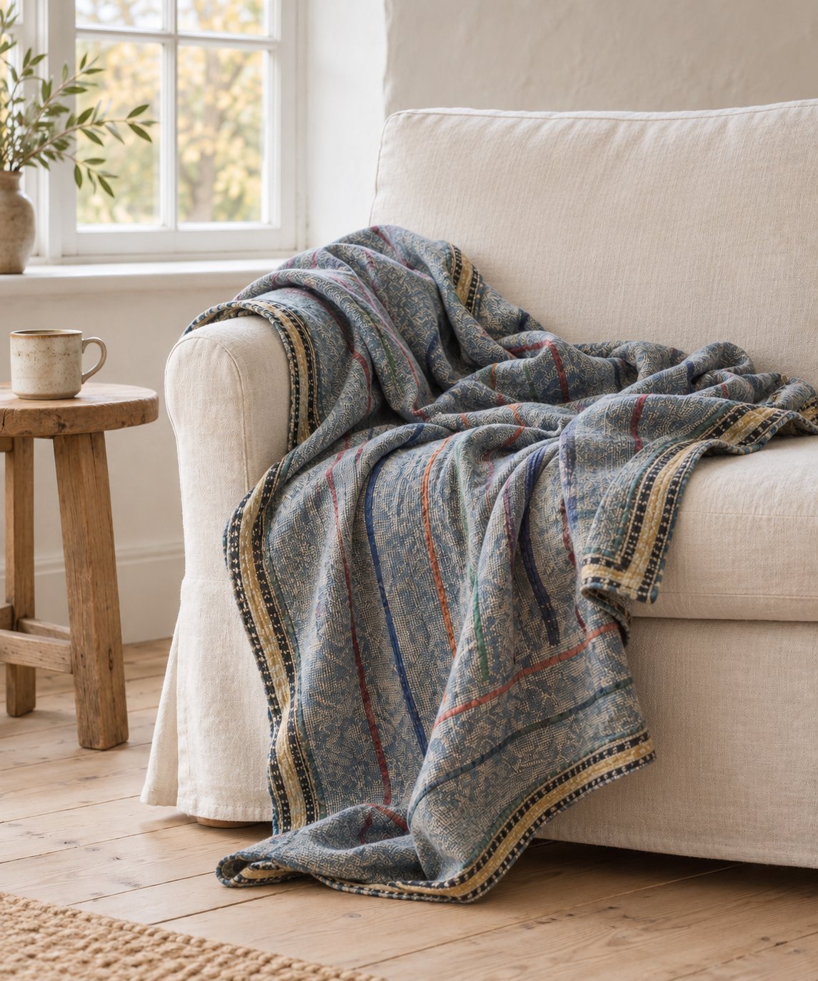 Kantha Blokprint Plaider - Vintage Pearl