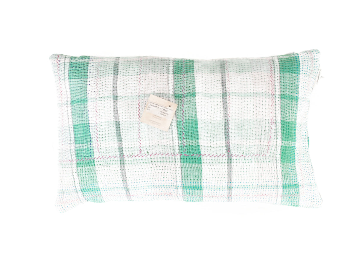 Sari pillowcase 30x50 cm in boho and vintage style with colorful squares in white, mint green, turquoise and blue as well as discreet red stitching, Indian upcycled sari pillow / sari pillow design