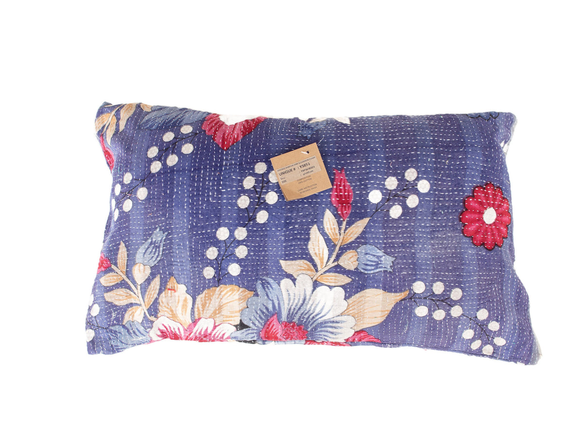 Dark blue sari pillowcase in size 30x50 with colorful floral motifs, white dots and oriental/vintage boho expression in red, cream and light shades - unique Indian pillowcase for sari pillows and ethnic pillows.