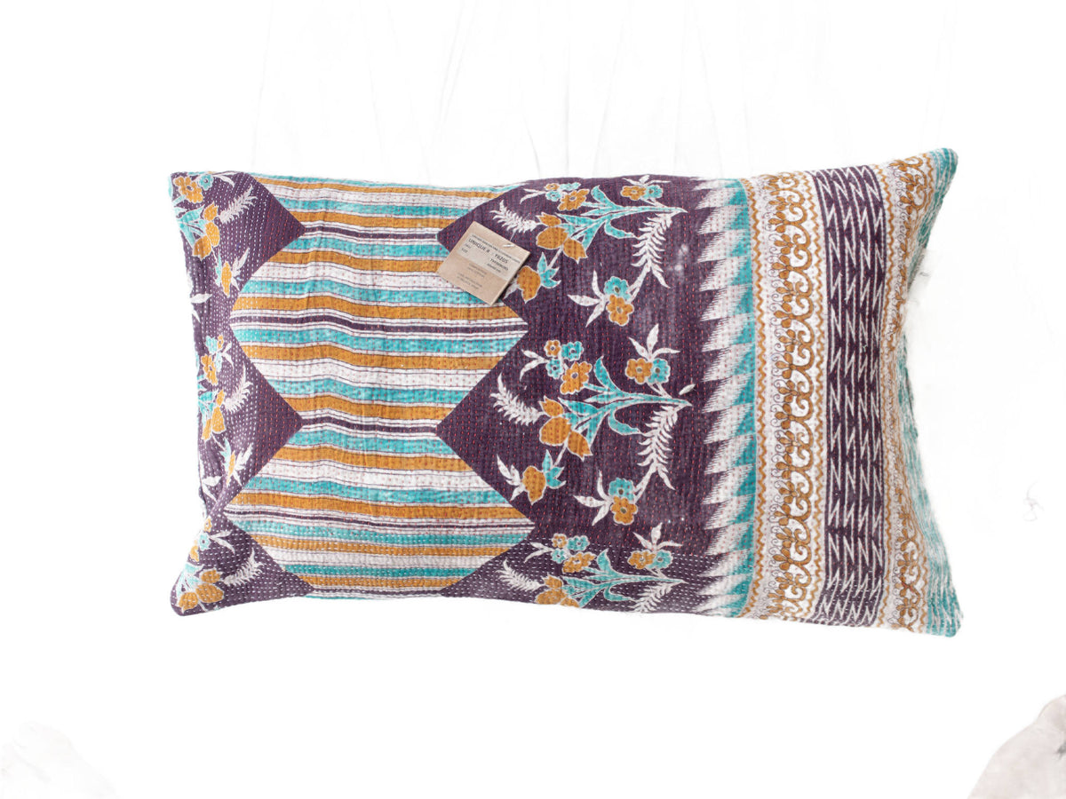 Sari pillowcase 60x40 with colorful oriental patterns in coral pink and dark blue, geometric squares and floral ornaments - unique Indian pillowcase for boho pillows