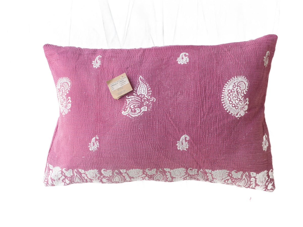60x40 sari pillowcase in Indian vintage style with colorful color blocks in cream, gray-green and purple, textured pattern and ethnic boho details - unique Indian pillowcase for sari pillows and sari cushion.