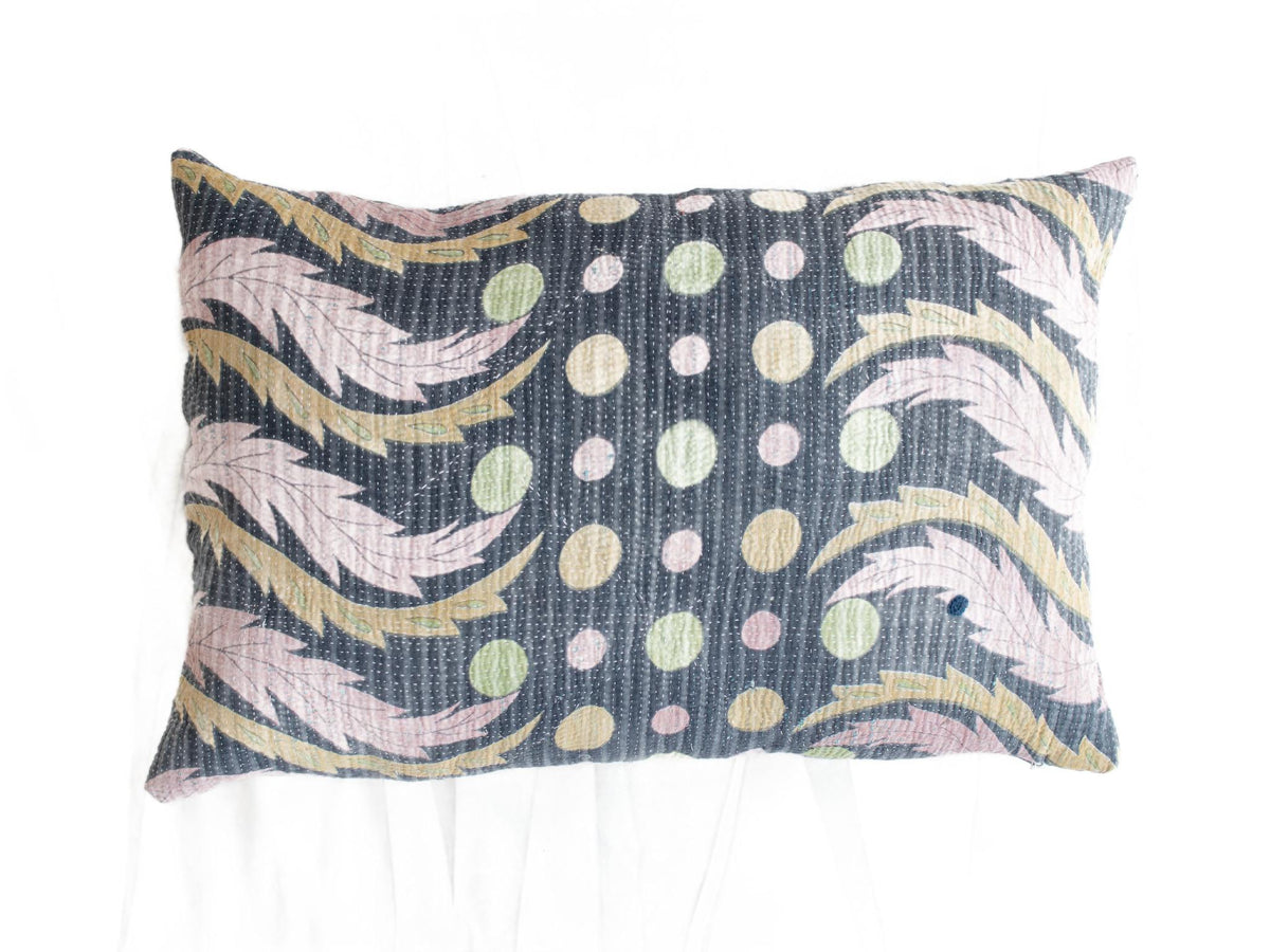 Sari pillowcase 60x40 in bohemian vintage style with colorful diagonal stripes in pink, green, purple and cream as well as flower and leaf pattern - unique Indian upcycled sari pillow.