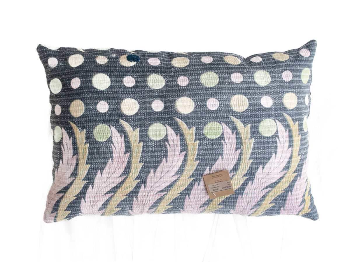 Sari pillowcase 60x40 in colorful vintage boho style with flowers and leaves in green, pink, purple and cream pattern.
