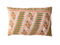Sari pillowcase 60x40 in beige and brown with blue/teal stripe pattern and patchwork look - unique Indian boho pillow in colorful ethnic textiles
