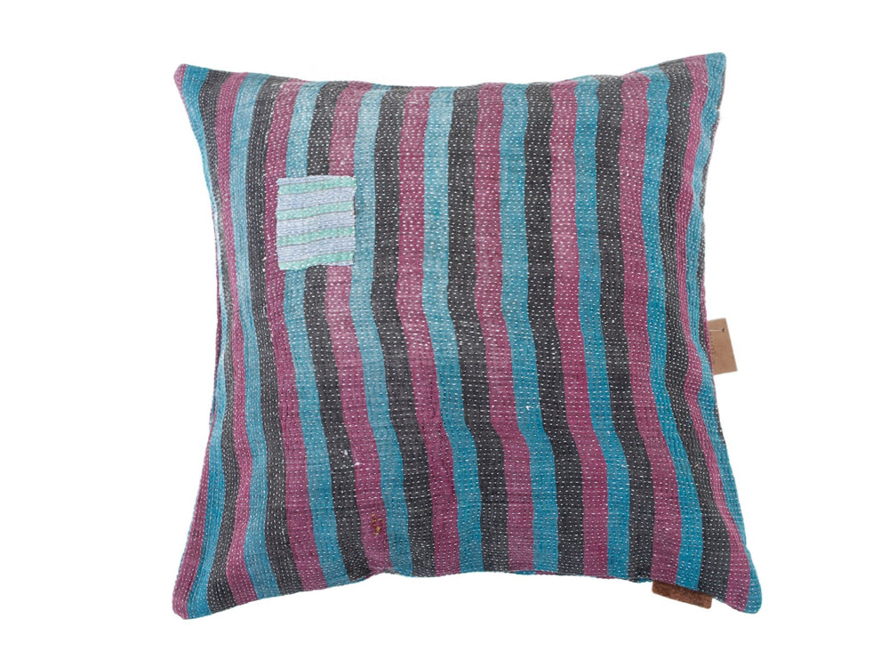 Sari pillowcase 50x50 with colorful stripe patterns in turquoise, pink, gray and black and upcycled patch detail - boho/bohemian Indian vintage pillow for sofa and bed