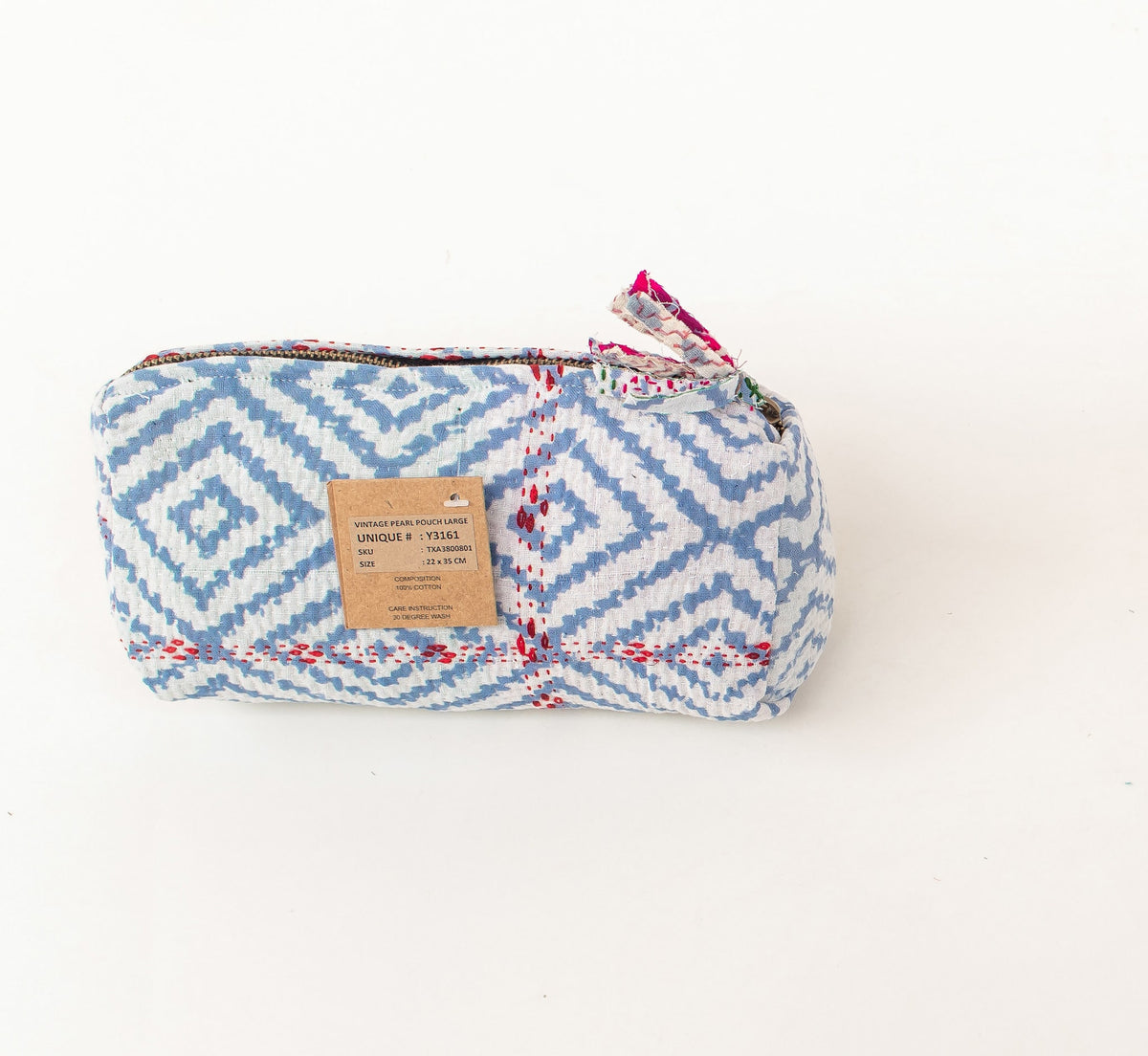 Stor, blå og hvid makeup-pung i vintage-perlestof med røde detaljer og lynlåslukning i stof, størrelse 22 x 35 cm