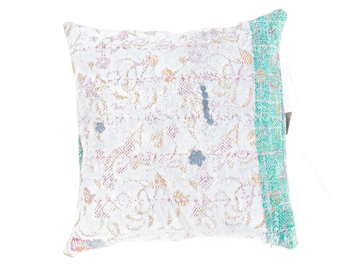 50x50 sari pillowcase in white with colorful Indian oriental patterns and turquoise border - unique boho/sari pillow in vintage upcycled style