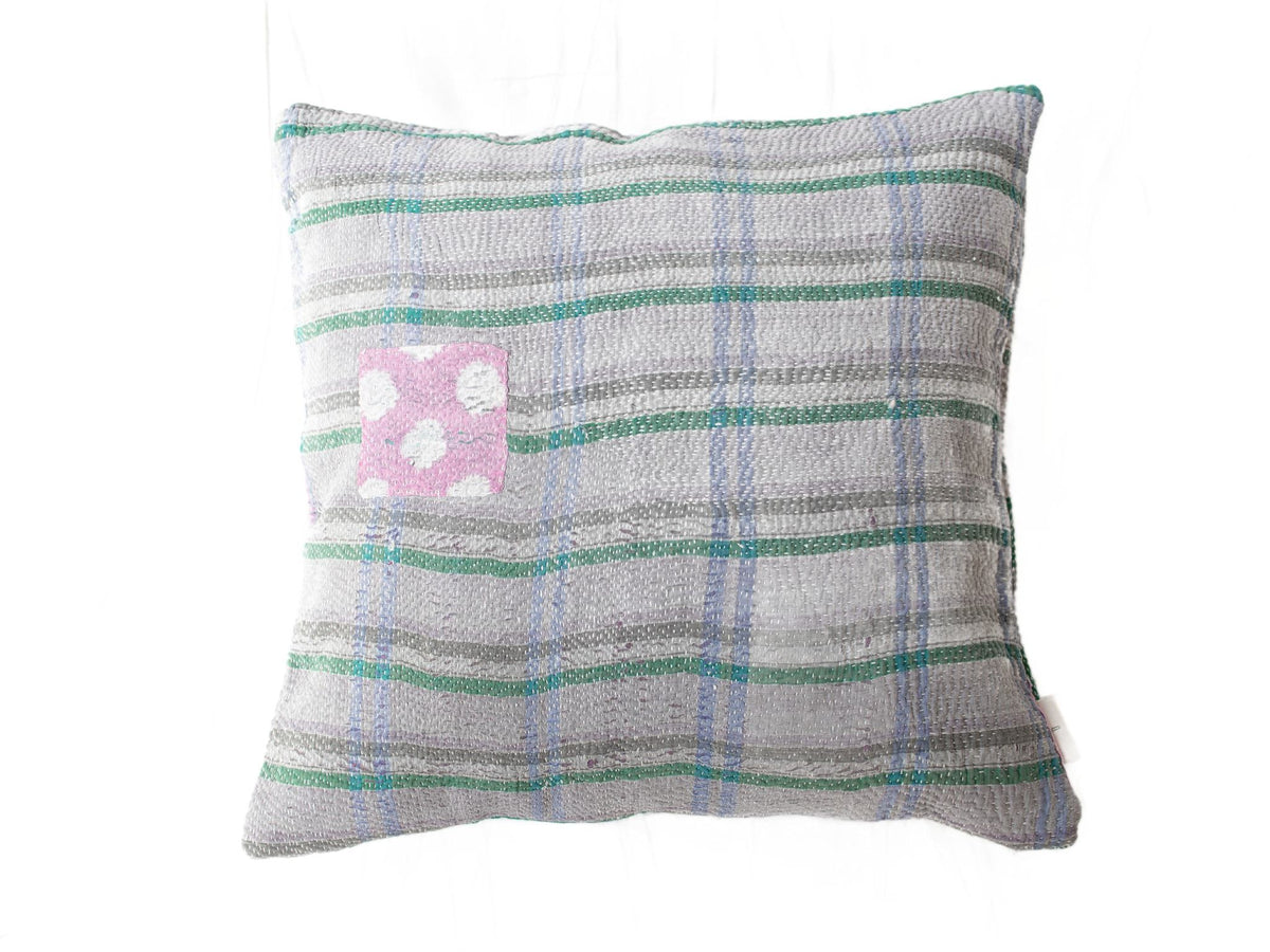 Sari pillowcase 50x50 in gray stripes with turquoise details, purple shades and pink motif - unique Indian pillowcase, boho/vintage oriental pillow in colorful patterns