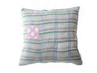 Sari pillowcase 50x50 in gray stripes with turquoise details, purple shades and pink motif - unique Indian pillowcase, boho/vintage oriental pillow in colorful patterns