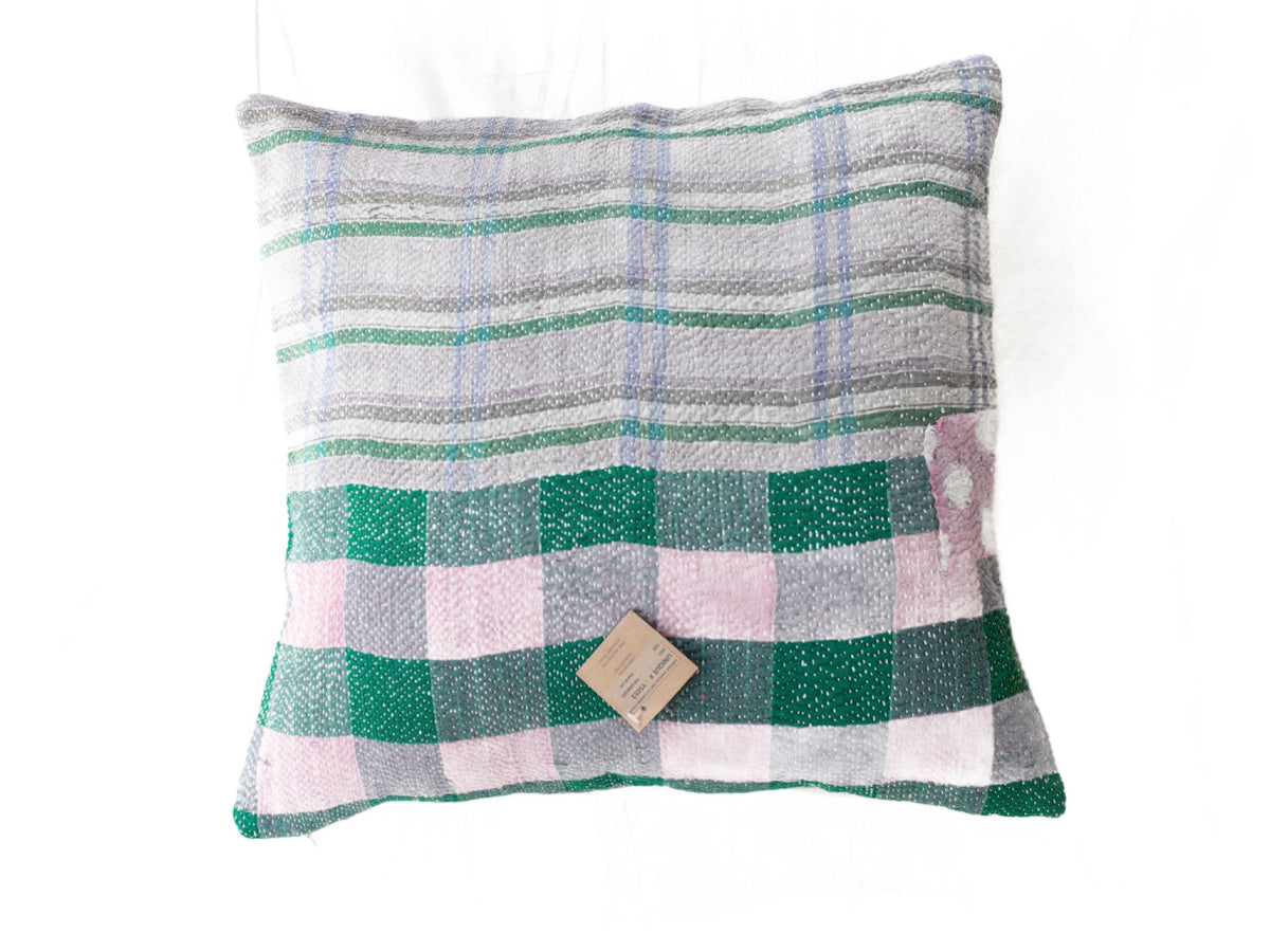 Sari pillowcase 50x50 in vintage patchwork with stripes and checks in white, light blue, green and pink - unique Indian pillowcase in boho/ethnic style