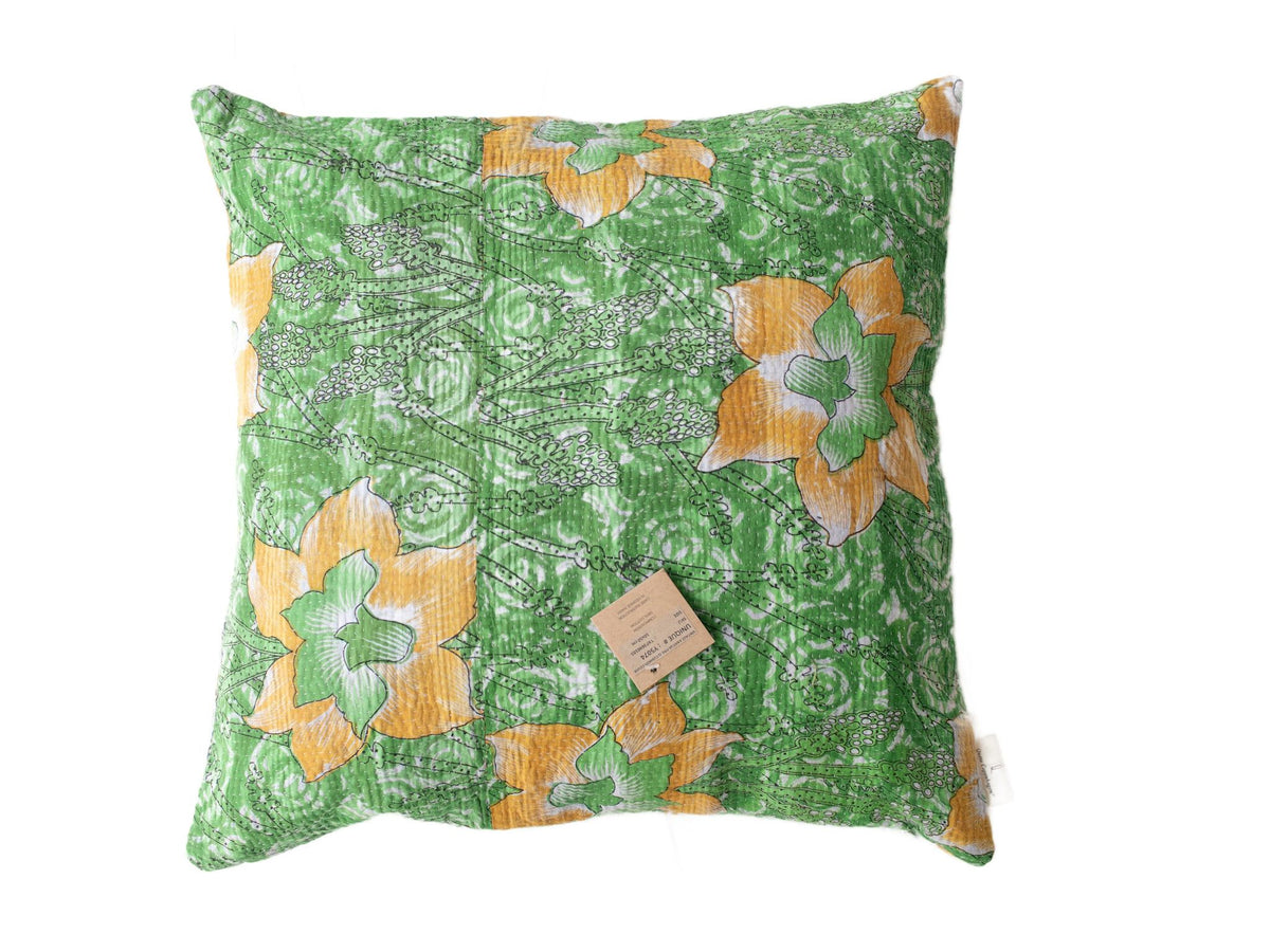 Sari pillowcase 50x50 in green tones with colorful flower and leaf patterns, unique Indian pillowcase for boho bohemian and vintage sari pillows