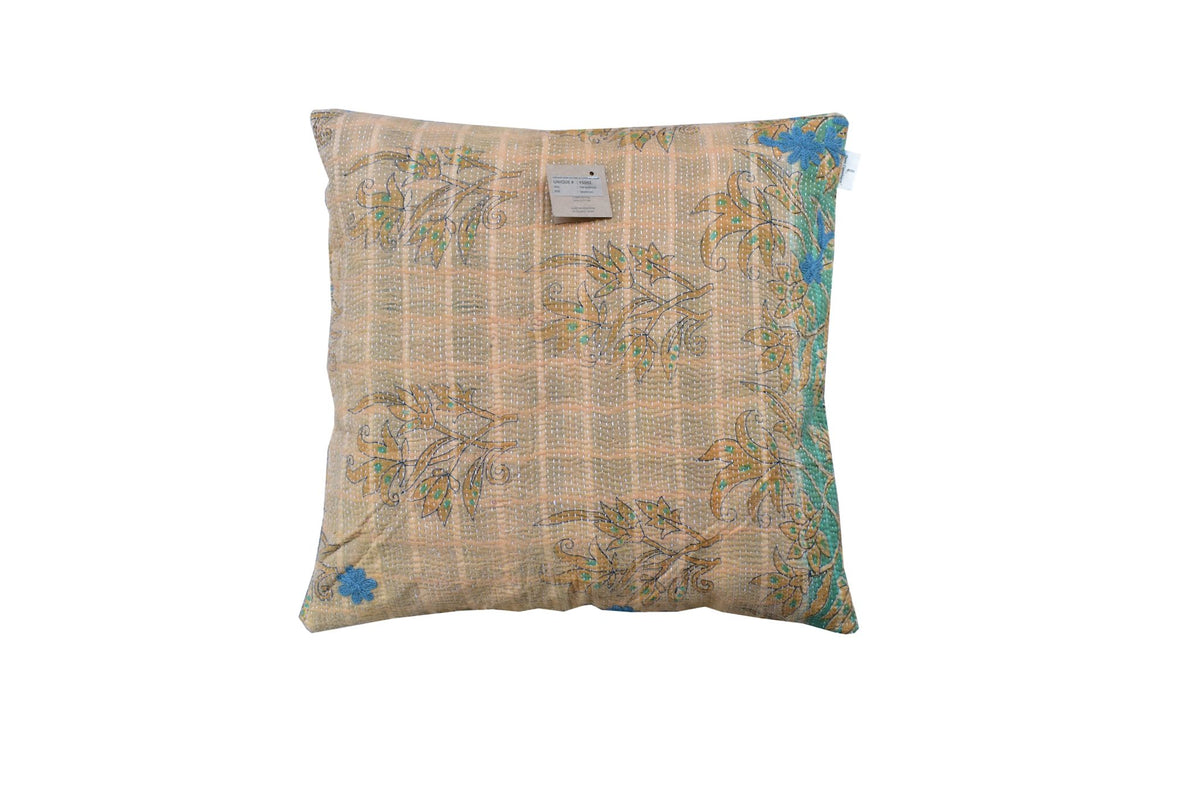 Sari pillowcase 50x50 with beige/gold-colored weave and colorful bohemian flowers in blue, green and turquoise - unique Indian vintage sari pillow pattern for sofa and bed.