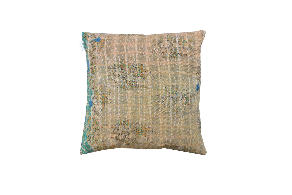 50x50 sari pillowcase in beige with colorful oriental floral and sling patterns in teal, green and blue - vintage boho/bohemian Indian wrapping for sari pillows and unique pillows
