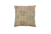 50x50 sari pillowcase in beige with colorful oriental floral and sling patterns in teal, green and blue - vintage boho/bohemian Indian wrapping for sari pillows and unique pillows