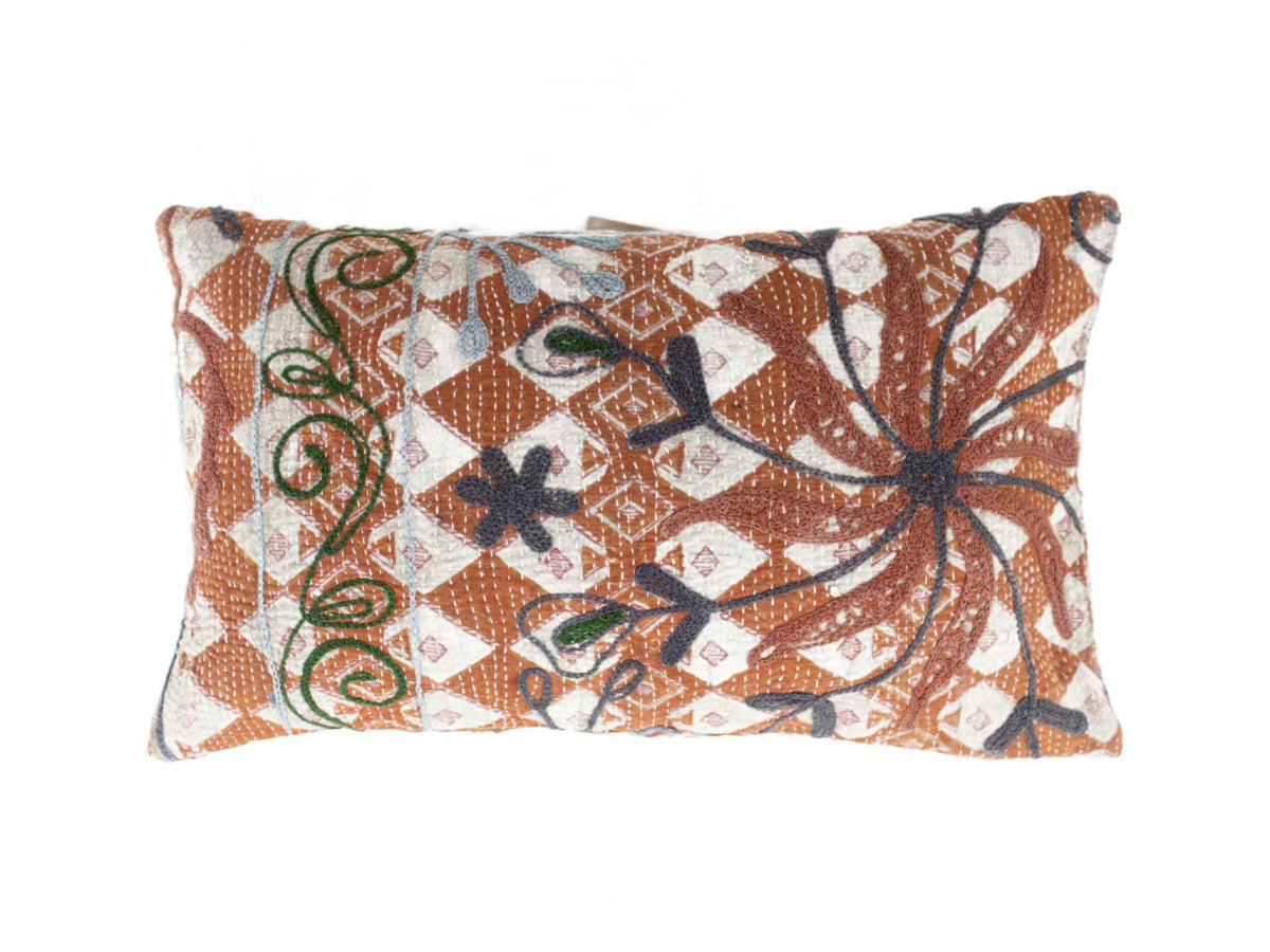 Suzani pillowcase 30x50 cm with unique oriental boho vintage embroidery in terracotta brown white green and dark blue pattern as a sari pillow.