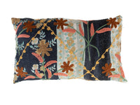 Suzani pillowcase 30x50 in dark blue patchwork with embroidered flowers and creepers in ethnic bohemian carmine mustard turquoise and rust colors