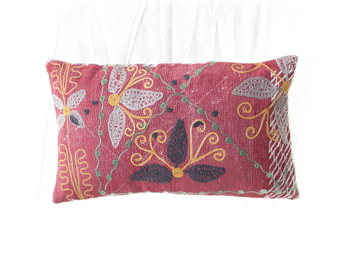 Suzani pillowcase 30x50 cm in burgundy with embroidered paisley and leaves in gray black gold and green dots as a sari pillow in boho style