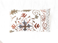 Suzani pillowcase 30x50 cm in white cotton with colorful embroidery of flowers and sling in brown rust blue gray boho vintage oriental style