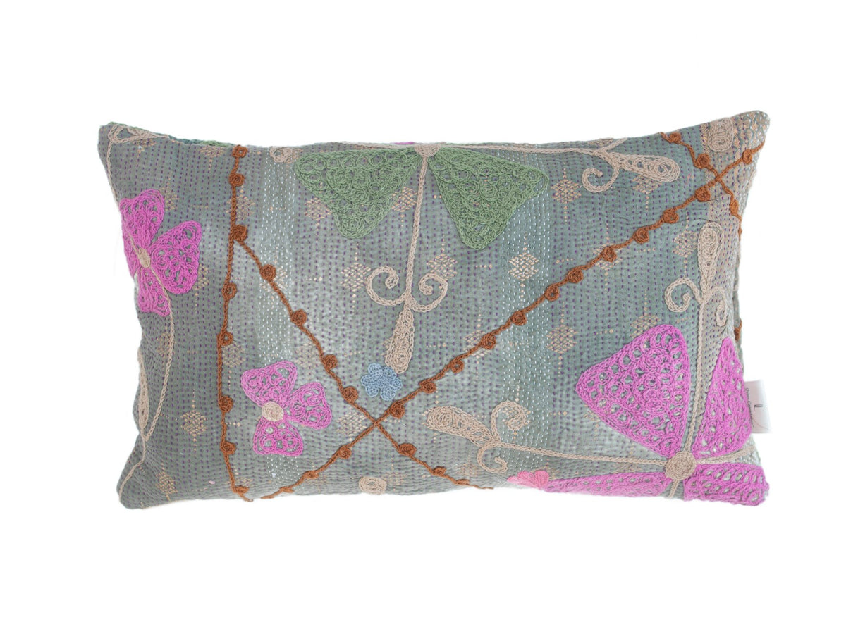 Unique suzani pillowcase 30x50 cm in light gray blue with colorful embroidery of pink hearts green shapes and orange winding lines boho Indian ethnic