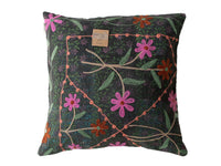 Suzani pillowcase 50x50 cm in dark black with colorful floral embroidery and winding patterns in pink orange and green