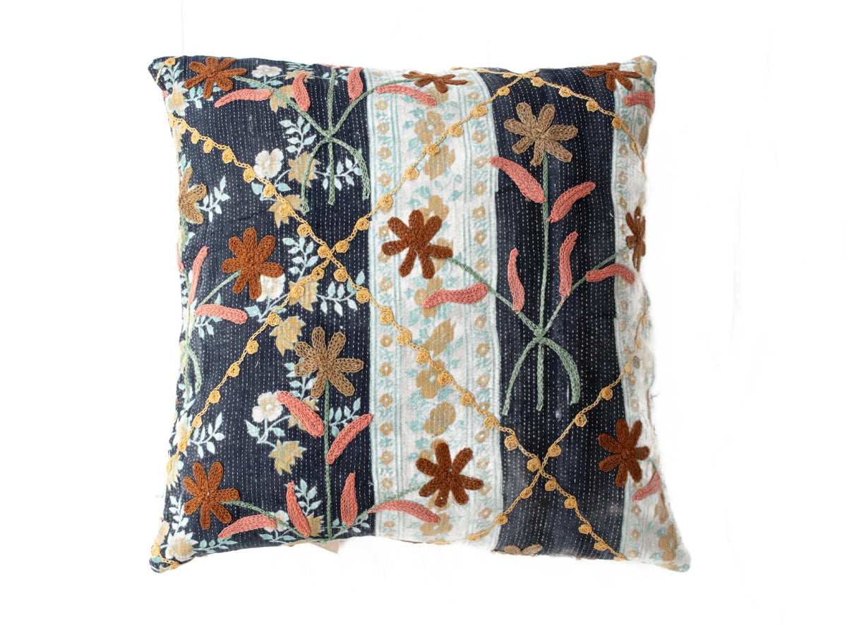 Unique boho suzani pillowcase 50x50 cm in dark blue patchwork with embroidered flowers in brown, gold and coral colors and light turquoise panels