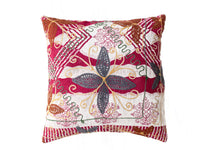 Suzani cushion cover 50x50 cm with oriental boho pattern in white and burgundy as well as embroidered bird shapes in green and dark gray shades and brown fringes