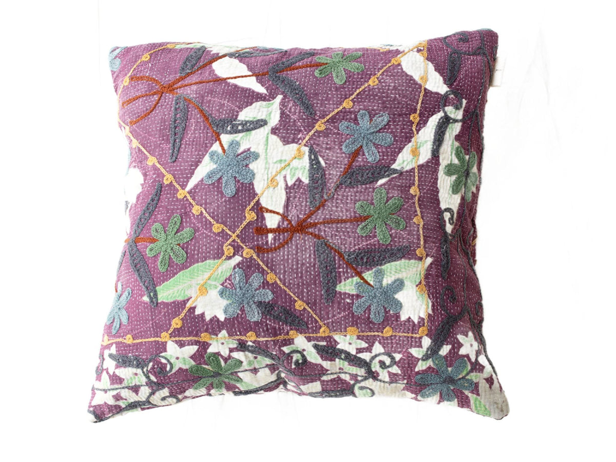 Purple suzani pillowcase 50x50 cm with white fields and embroidered flowers in gray blue and green and yellow warp threads oriental boho vintage