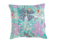 Suzani pillowcase 50x50 with colorful oriental embroidery in turquoise and purple hearts as well as black and cream patterns for bohemian boho pillow