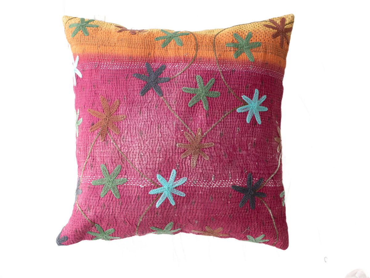 Unique suzani pillowcase 50x50 cm for sari pillow with colorful floral pattern in pink turquoise and green with embroidered stars in boho ethnic style