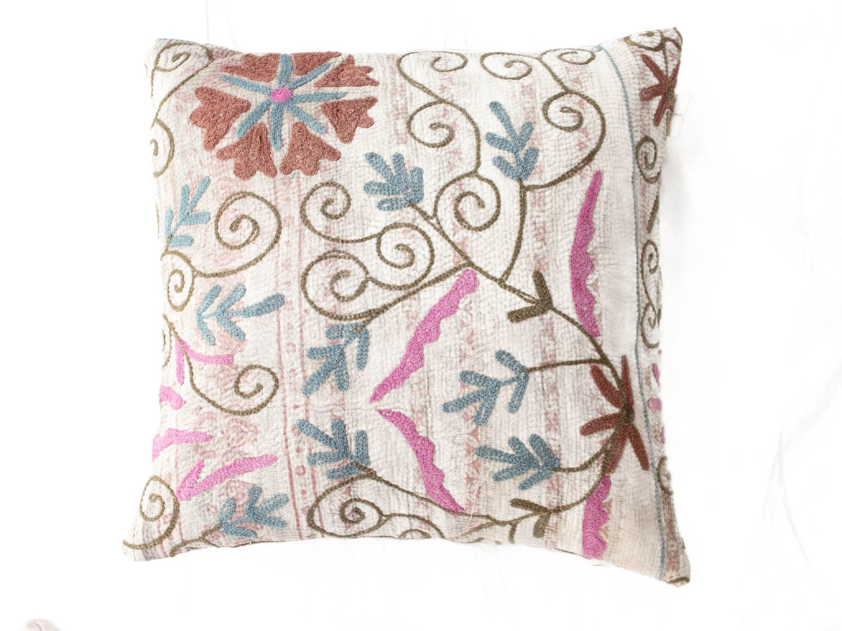 Unique suzani pillowcase 50x50 cm in white with colorful vintage oriental pattern in blue pink and brown contour stitch
