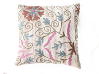 Unique suzani pillowcase 50x50 cm in white with colorful vintage oriental pattern in blue pink and brown contour stitch