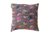 Suzani pillowcase 50x50 cm in purple with winding pattern of green vines and pink orange and blue embroidered flowers and stars