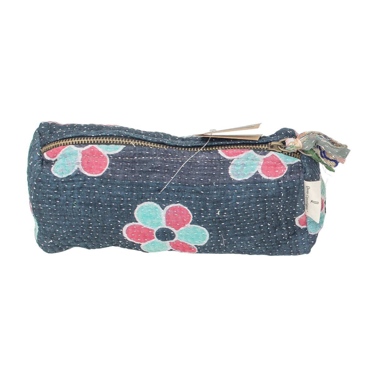 Fine Q Pouch Large, 17 × 12 cm, in navy blue, turquoise and pink with a zip and a floral pattern.