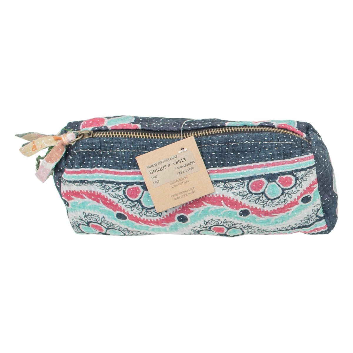 Fine Q Pouch Large, 17 × 12 cm, in navy blue, turquoise and pink with a zip and an ornamental pattern.