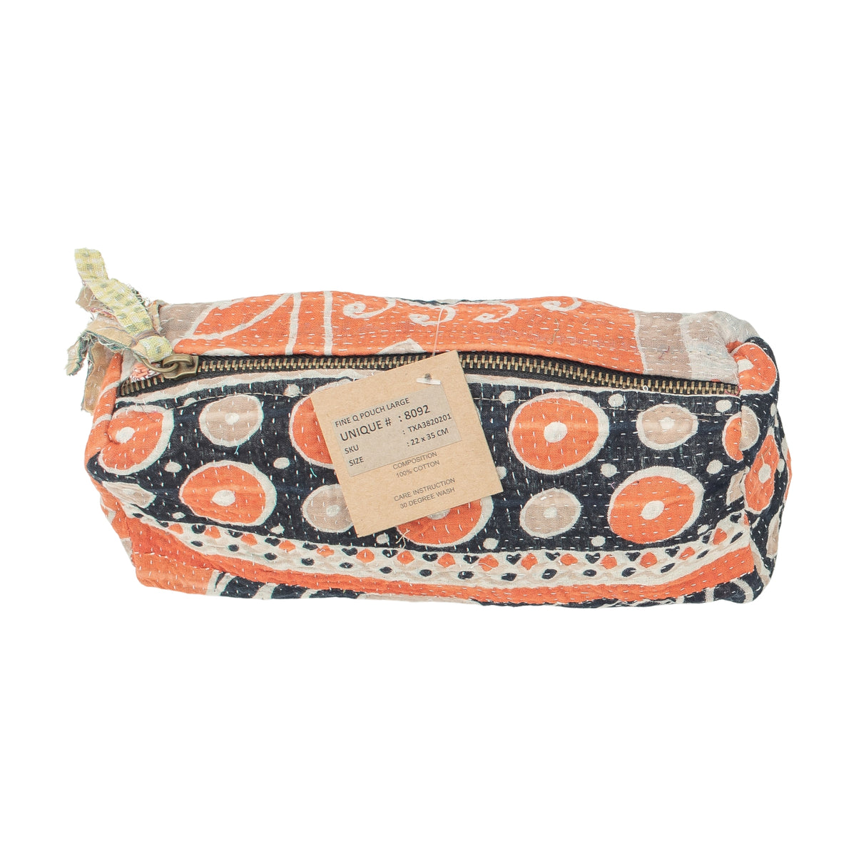 Fine Q Pouch Large, 17 × 12 cm, in orange, black and beige with a zip and a circle pattern.